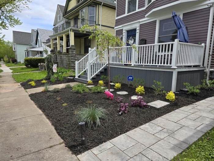City front yard remade with mulch, plantings and paver walkway